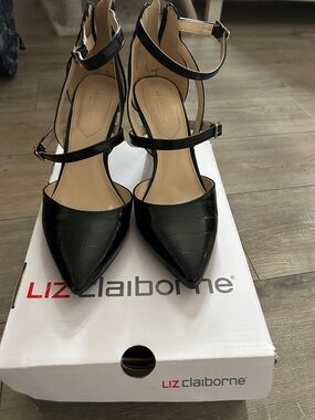 Liz Claiborne Black Croc-Embossed Pointed Toe Strappy Heels